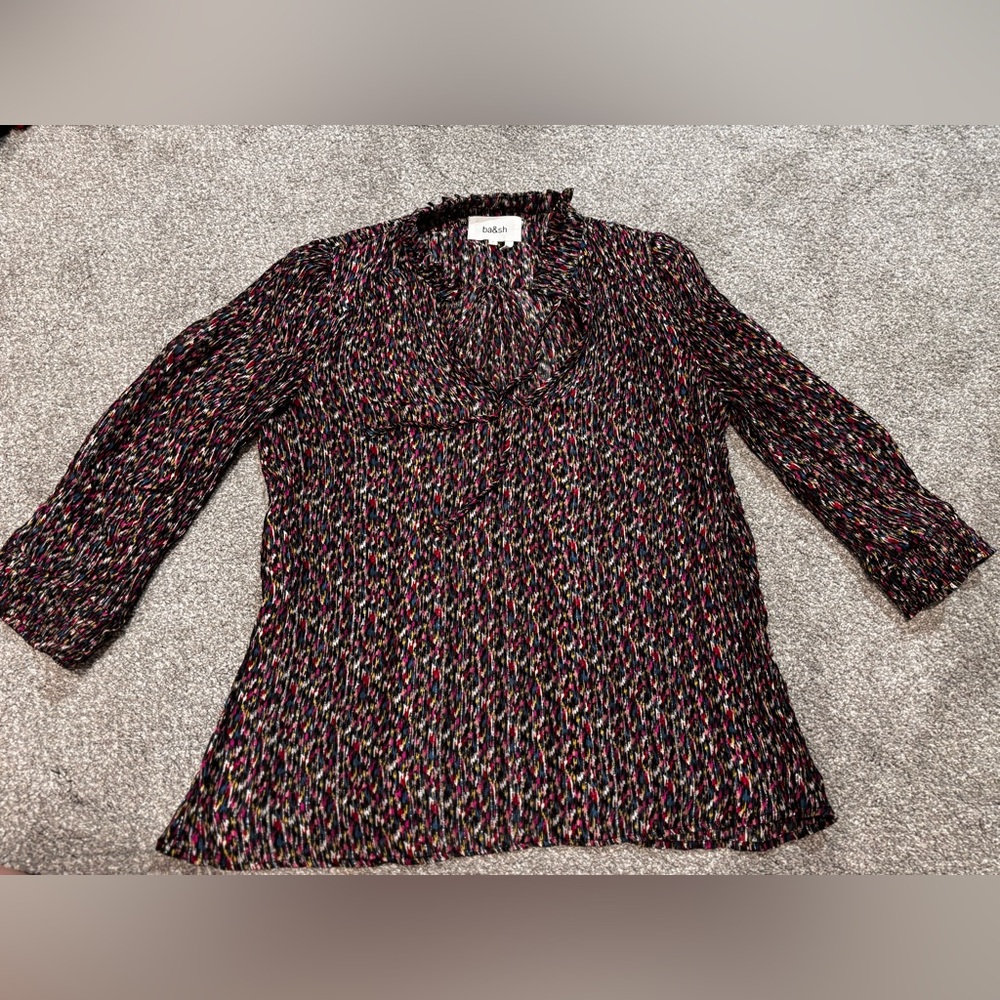 ba&sh Black metallic ruffled lady blouse large 3/4 Sleeve top.